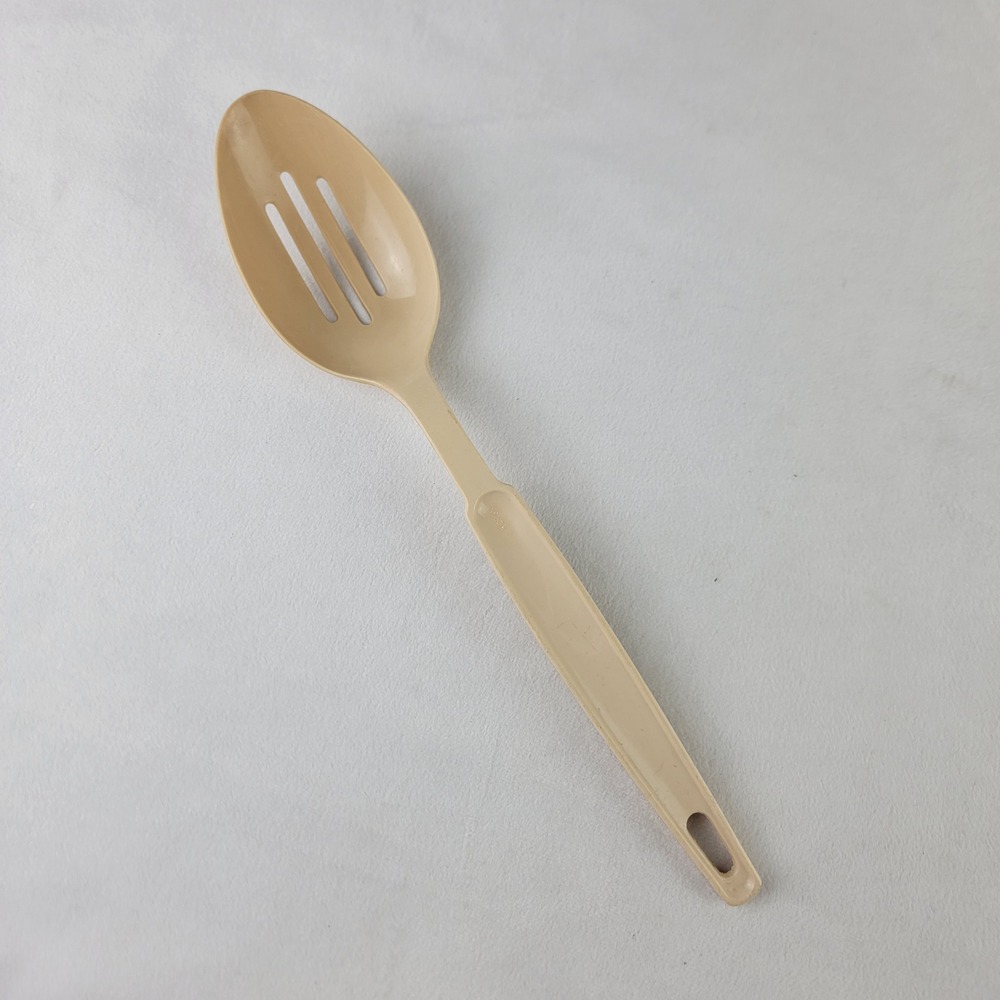 Ekco Vintage Slotted Spoon Almond Beige Nylon Kitchen Utensil USA 12 inch